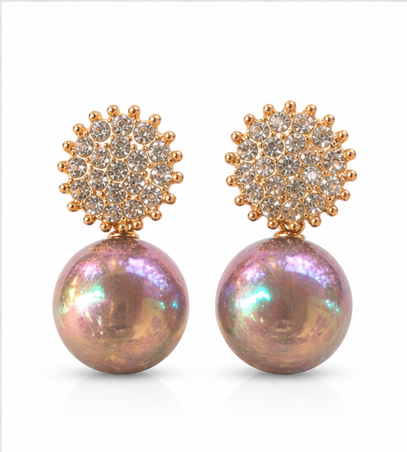 Gold Iridescent Mauve Pearl Drop Earrings