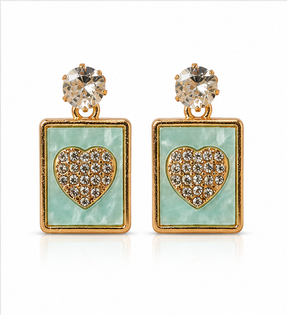 Gold Mint Heart Rectangle Drop Earrings