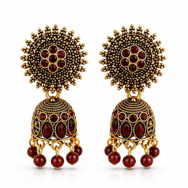 Red Stone Antique Gold Jhumka Earrings with Sun Stud