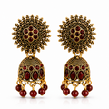Red Stone Antique Gold Jhumka Earrings with Sun Stud