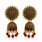 Red Stone Antique Gold Jhumka Earrings with Sun Stud