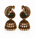 Antique Gold Peacock Jhumka with Green Stone