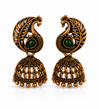 Antique Gold Peacock Jhumka with Green Stone
