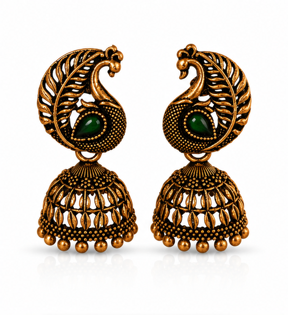 Antique Gold Peacock Jhumka with Green Stone