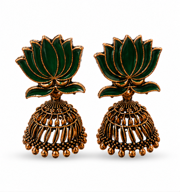 Green Enamel Lotus Jhumka Earrings