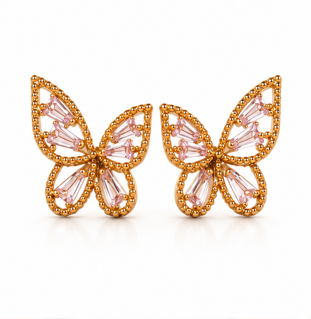 Pink Crystal Butterfly Stud Earrings