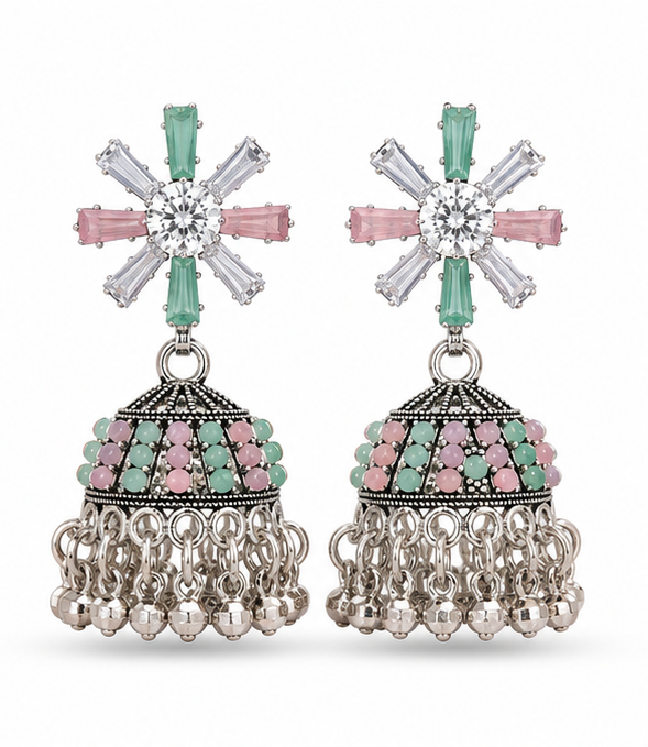 Silver Pastel Crystal Snowflake Stud Jhumka