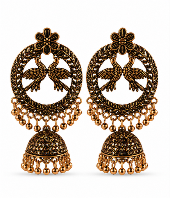 Antique Copper Twin-Bird Wreath Chandbali Jhumka