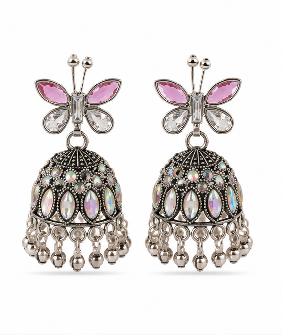 Oxidised Silver Pink Butterfly Stud Aurora Jhumka