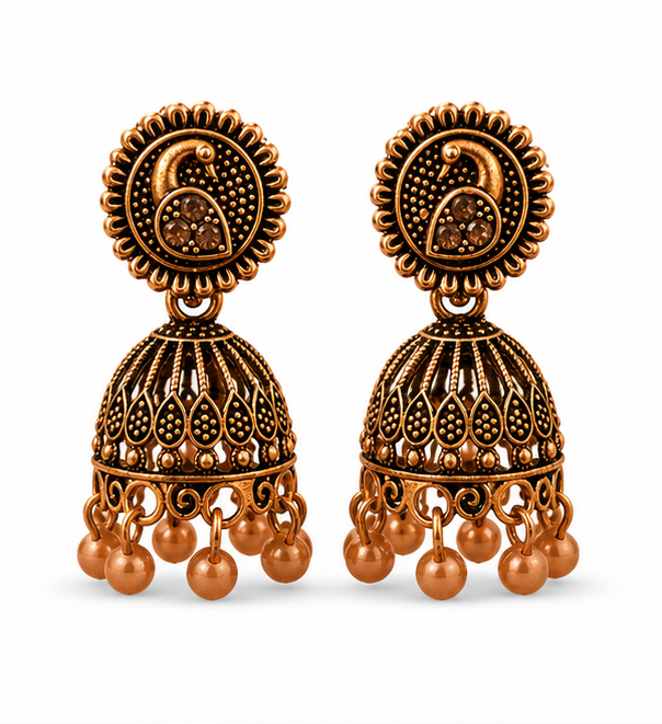 Copper Paisley Oval Stud Jhumka with Ball Drops