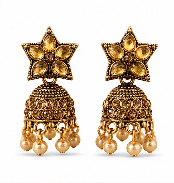 Antique Gold Star Stud Jhumka with Champagne Stones
