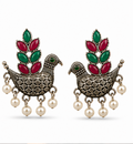 Oxidised Silver Parrot Bird Earrings with Pearl Drops