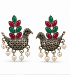 Oxidised Silver Parrot Bird Earrings with Pearl Drops
