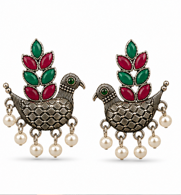 Oxidised Silver Parrot Bird Earrings with Pearl Drops