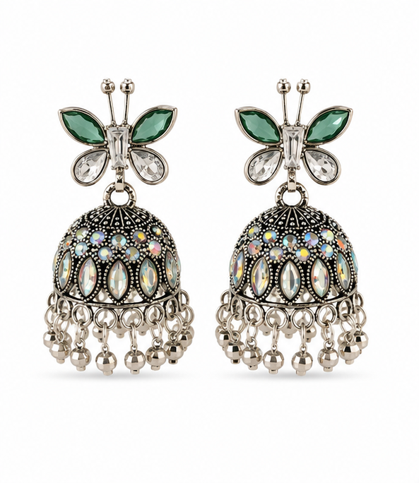 Oxidised Silver Green Butterfly Stud Aurora Jhumka