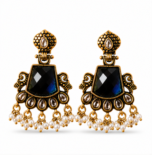 Antique Gold Deep Blue Stone Chandbali with Kundan & Pearls