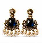Antique Gold Deep Blue Stone Chandbali with Kundan & Pearls