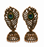 Antique Gold Peacock Feather Jhumka with Real Feather Inlay