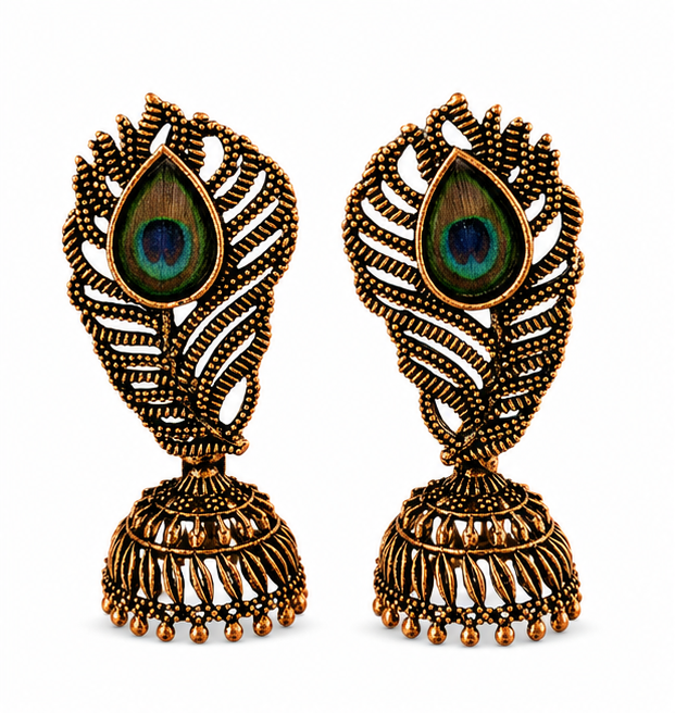Antique Gold Peacock Feather Jhumka with Real Feather Inlay