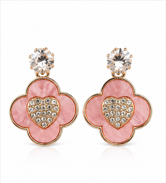 Rose Gold Pink Clover Heart Drop Earrings