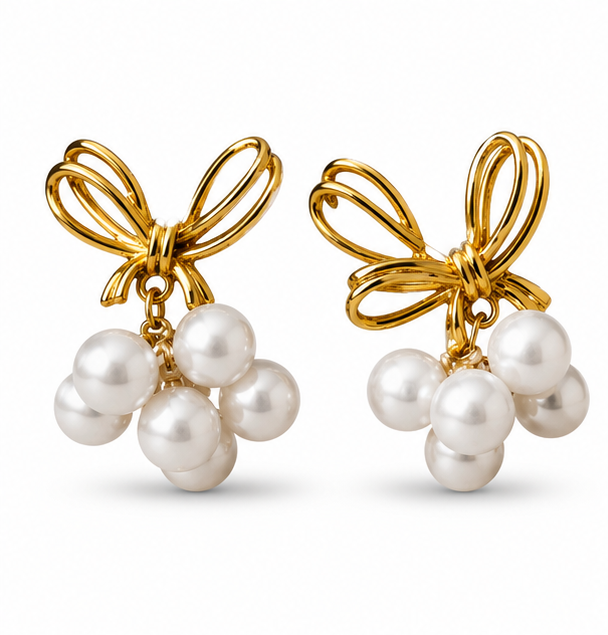 Gold Bow Knot Pearl Cluster Drop Earrings