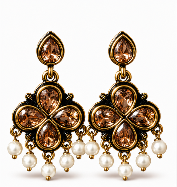 Antique Gold Champagne Crystal Clover Drop Earrings with Pearls