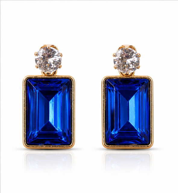Gold Sapphire Blue Crystal Drop Earrings