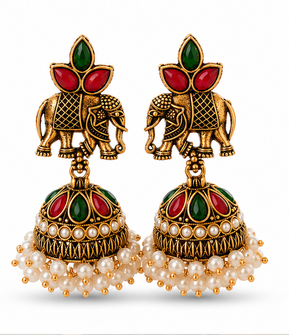 Antique Gold Elephant Jhumka with Red-Green Stones & Pearl Fringe