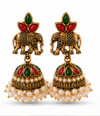Antique Gold Elephant Jhumka with Red-Green Stones & Pearl Fringe