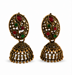 Antique Gold Oval Filigree Jhumka with Red & Green Stones