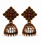 Copper Flower Stud Cage Jhumka – Red Stone