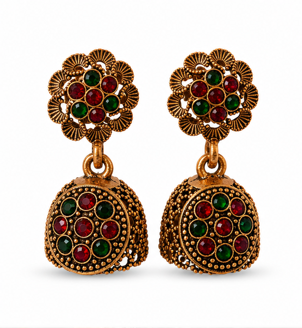 Antique Gold Flower Stud Dual-Stone Dome Jhumka
