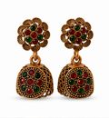 Antique Gold Flower Stud Dual-Stone Dome Jhumka