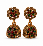 Antique Gold Flower Stud Dual-Stone Dome Jhumka