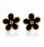 Rose Gold Black Floral Stud Earrings