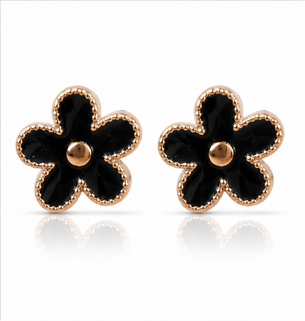 Rose Gold Black Floral Stud Earrings