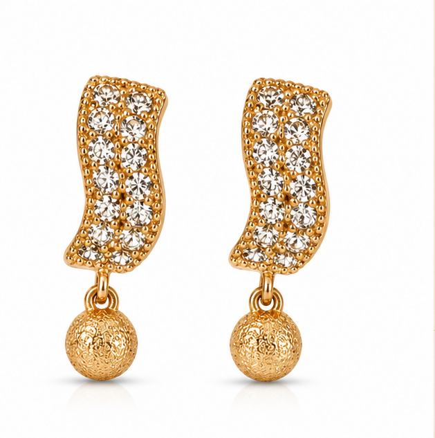 Gold Wave Crystal & Textured Ball Drop Earrings