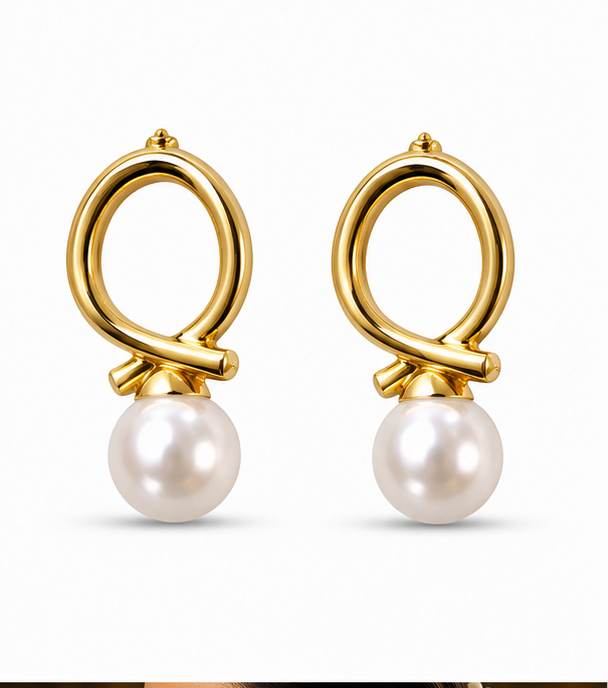 Gold Loop Knot Pearl Drop Earrings