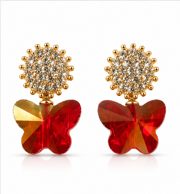 Gold Ruby Butterfly Crystal Earrings