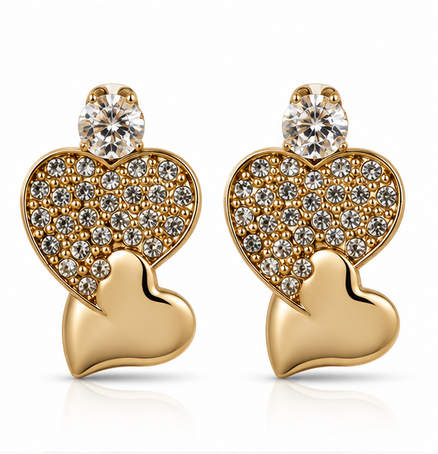 Gold Twin-Heart Pavé Crystal Stud Earrings
