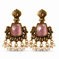 Antique Gold Pink Stone Chandbali with Kundan & Pearl Drops