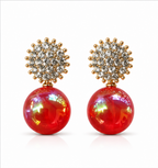 Gold Ruby Red Pearl Drop Earrings