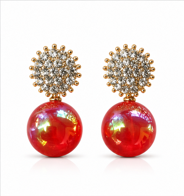 Gold Ruby Red Pearl Drop Earrings