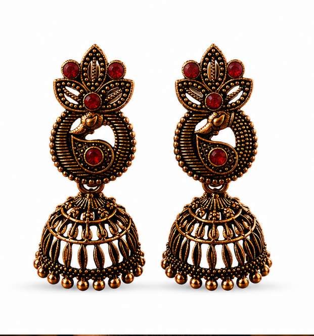 Copper Paisley Peacock Jhumka – Red Stone