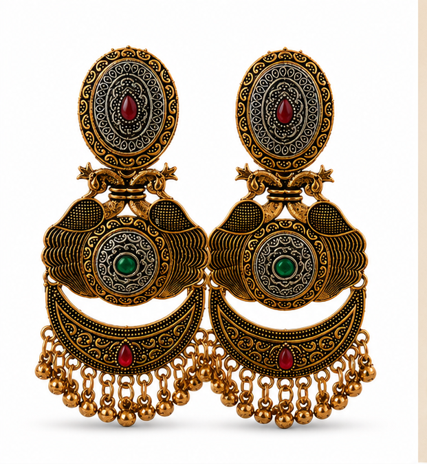 Antique Gold Peacock Oval Stud Chandbali with Bead Drops
