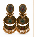 Antique Gold Peacock Oval Stud Chandbali with Bead Drops