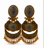 Antique Gold Peacock Oval Stud Chandbali with Bead Drops