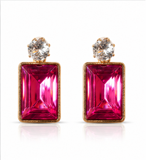 Gold Ruby Pink Crystal Drop Earrings