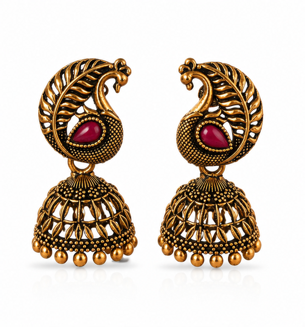 Antique Gold Peacock Jhumka with Ruby Stone