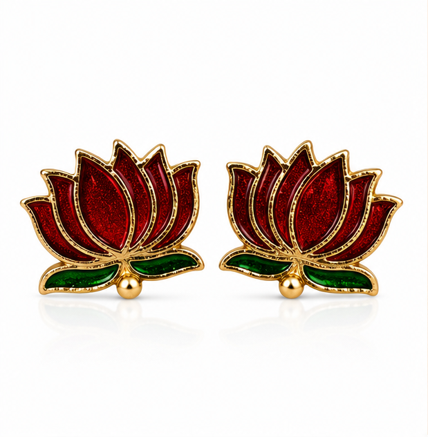 Red Glitter Enamel Lotus Stud Earrings